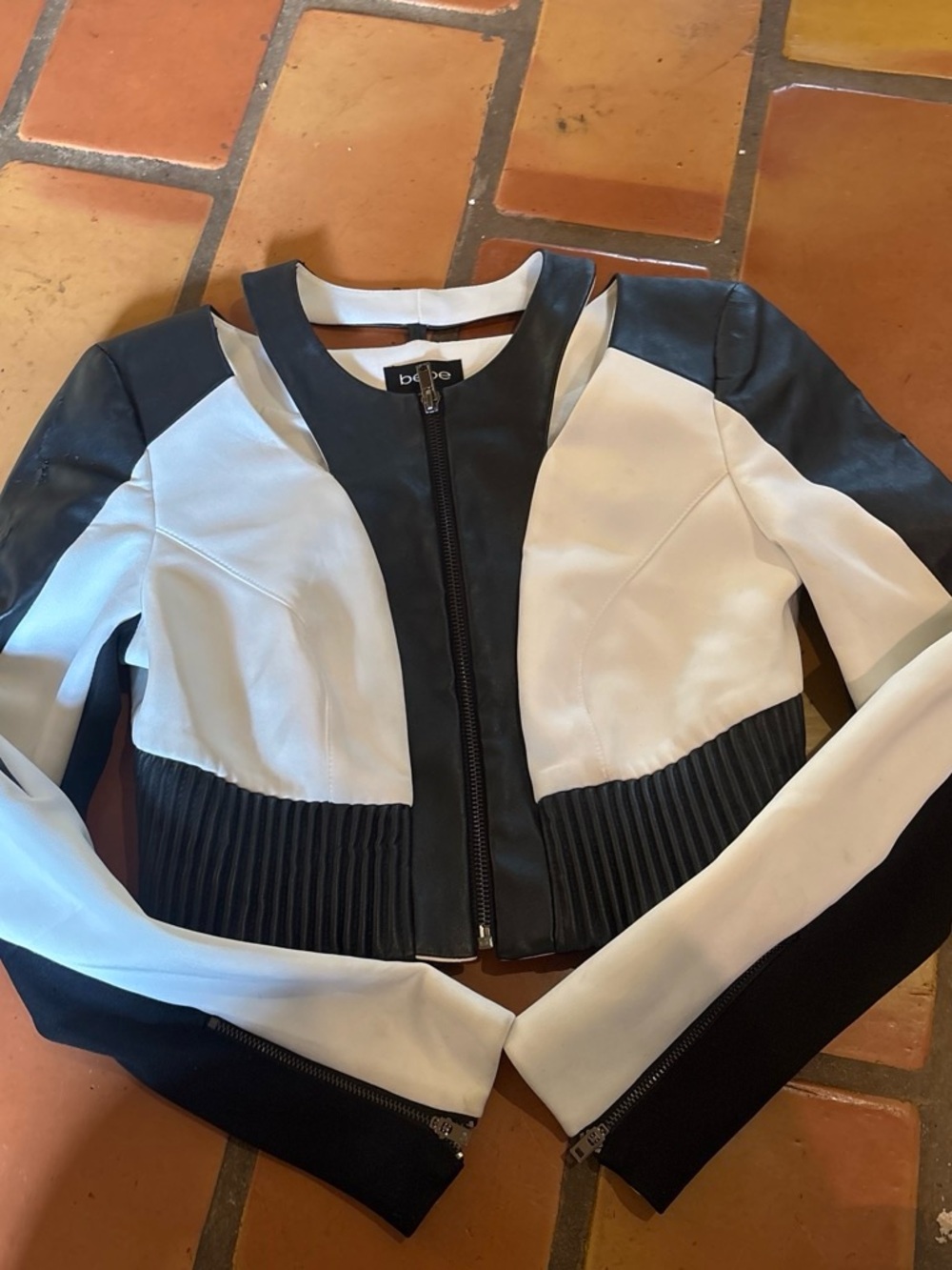 bebe Black & White Colorblock Faux Leather Zip Jacket